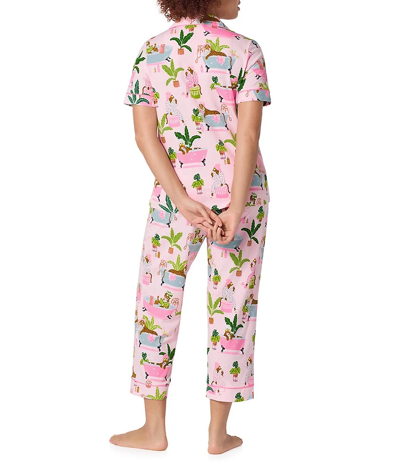 BedHead Spa Day Print Short Sleeve Notch Collar Cotton Knit Cropped Pajama Set