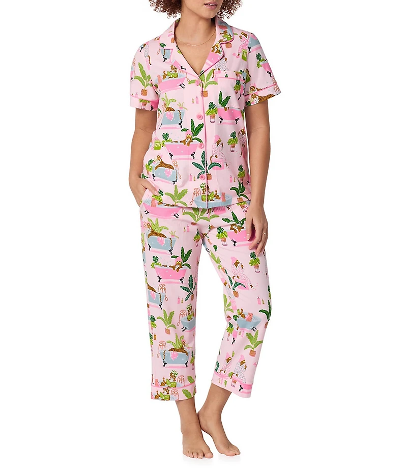 BedHead Spa Day Print Short Sleeve Notch Collar Cotton Knit Cropped Pajama Set