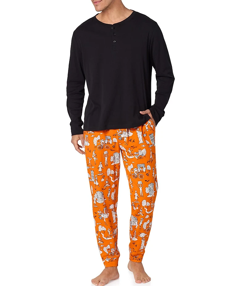 BedHead Spooky In The City Long Sleeve Henley Sleep T-Shirt & Printed Stretch Joggers Pajama Set