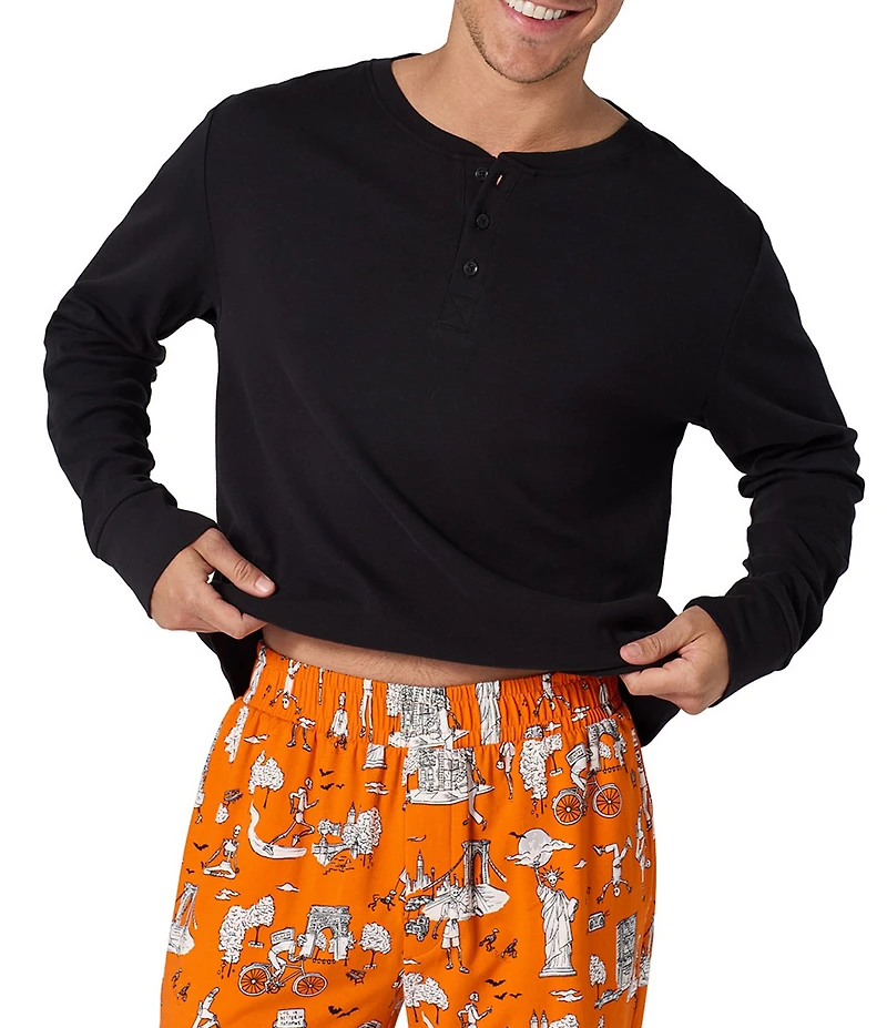 BedHead Spooky In The City Long Sleeve Henley Sleep T-Shirt & Printed Stretch Joggers Pajama Set