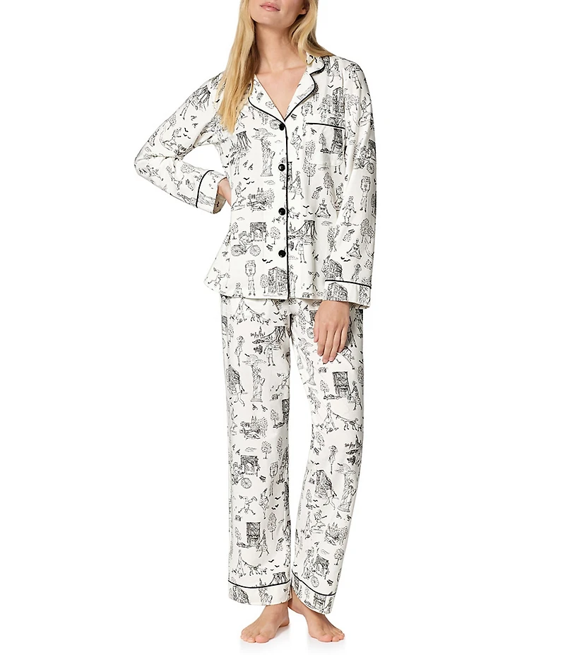 Bedhead Spooky in the City Print Organic Cotton Jersey Knit Long Sleeve Notch Collar Long Pajama Set