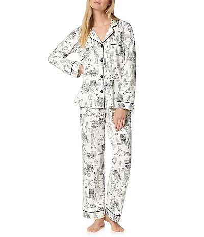 Bedhead Spooky in the City Print Organic Cotton Jersey Knit Long Sleeve Notch Collar Long Pajama Set