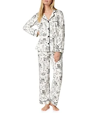 Bedhead Spooky in the City Print Organic Cotton Jersey Knit Long Sleeve Notch Collar Long Pajama Set