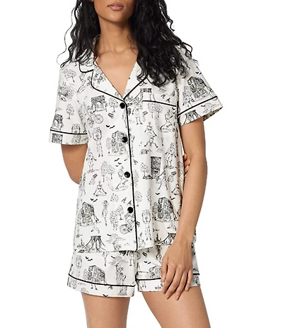 BedHead Spooky in the City Print Short Sleeve Notch Collar Jersey Knit Organic Cotton Shorty Pajama Set