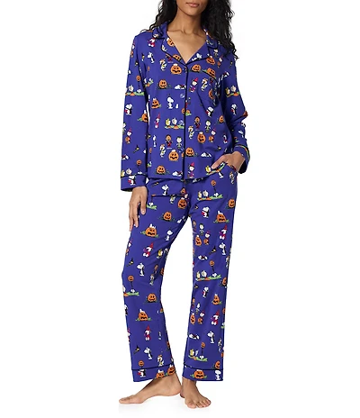 Bedhead Spooky Season Snoopy Print Organic Cotton Jersey Knit Long Sleeve Notch Collar Long Pajama Set