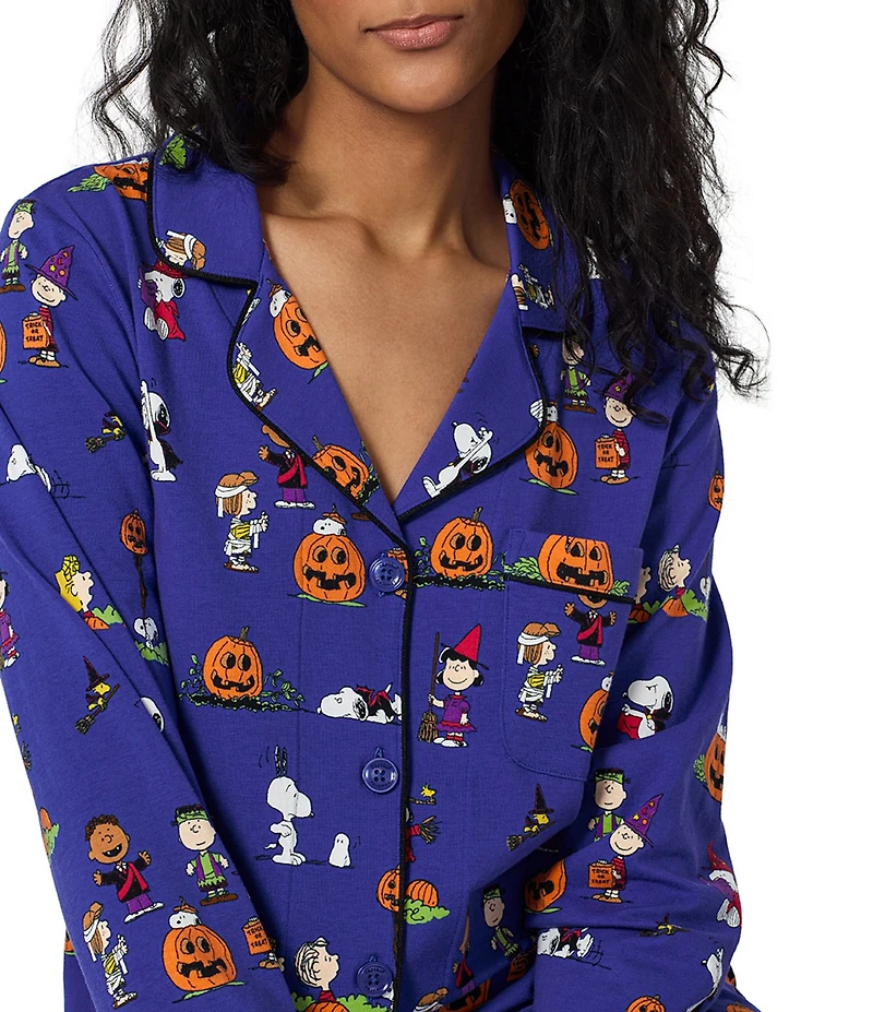 Bedhead Spooky Season Snoopy Print Organic Cotton Jersey Knit Long Sleeve Notch Collar Long Pajama Set