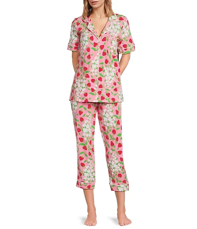 BedHead Spring Berry Print Short Sleeve Notch Collar Organic Cotton Jersey Knit Cropped Pajama Set