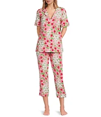 BedHead Spring Berry Print Short Sleeve Notch Collar Organic Cotton Jersey Knit Cropped Pajama Set