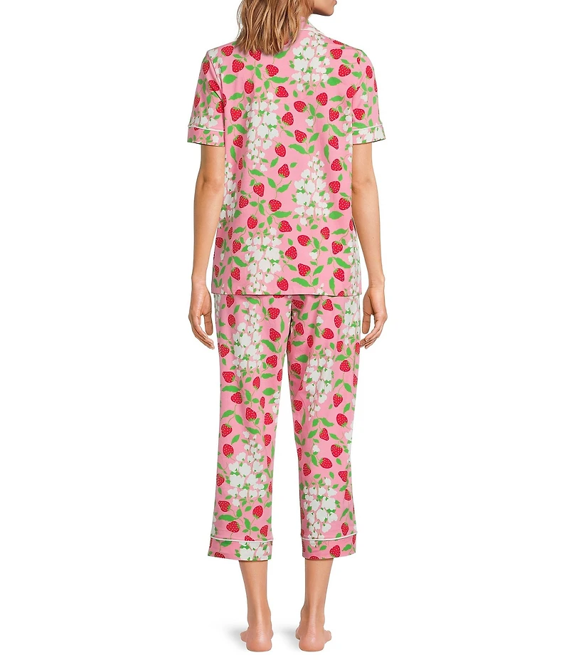 BedHead Spring Berry Print Short Sleeve Notch Collar Organic Cotton Jersey Knit Cropped Pajama Set