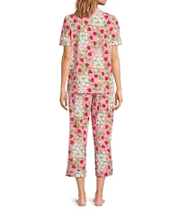 BedHead Spring Berry Print Short Sleeve Notch Collar Organic Cotton Jersey Knit Cropped Pajama Set