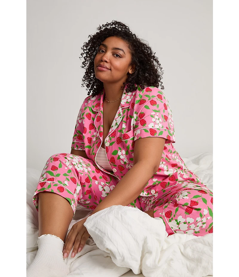 BedHead Spring Berry Print Short Sleeve Notch Collar Organic Cotton Jersey Knit Cropped Pajama Set
