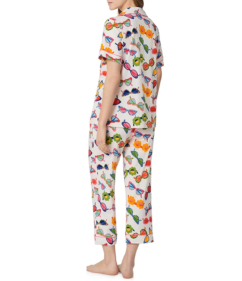 BedHead Sunglasses Print Short Sleeve Notch Collar Organic Cotton Jersey Knit Cropped Pajama Set