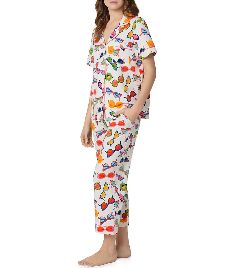 BedHead Sunglasses Print Short Sleeve Notch Collar Organic Cotton Jersey Knit Cropped Pajama Set