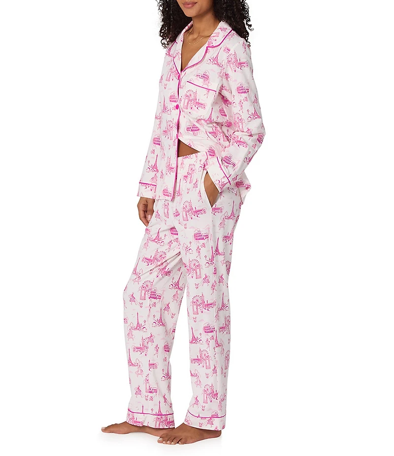 BedHead Travel Toile Print Long Sleeve Notch Collar Knit Long Pajama Set