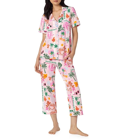 BedHead Tropical Daydream Print Short Sleeve Notch Collar Organic Cotton Jersey Knit Cropped Pajama Set