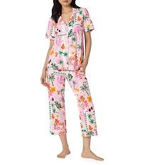 BedHead Tropical Daydream Print Short Sleeve Notch Collar Organic Cotton Jersey Knit Cropped Pajama Set