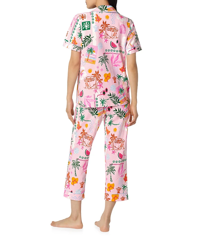 BedHead Tropical Daydream Print Short Sleeve Notch Collar Organic Cotton Jersey Knit Cropped Pajama Set