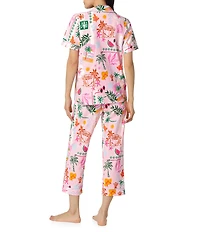 BedHead Tropical Daydream Print Short Sleeve Notch Collar Organic Cotton Jersey Knit Cropped Pajama Set