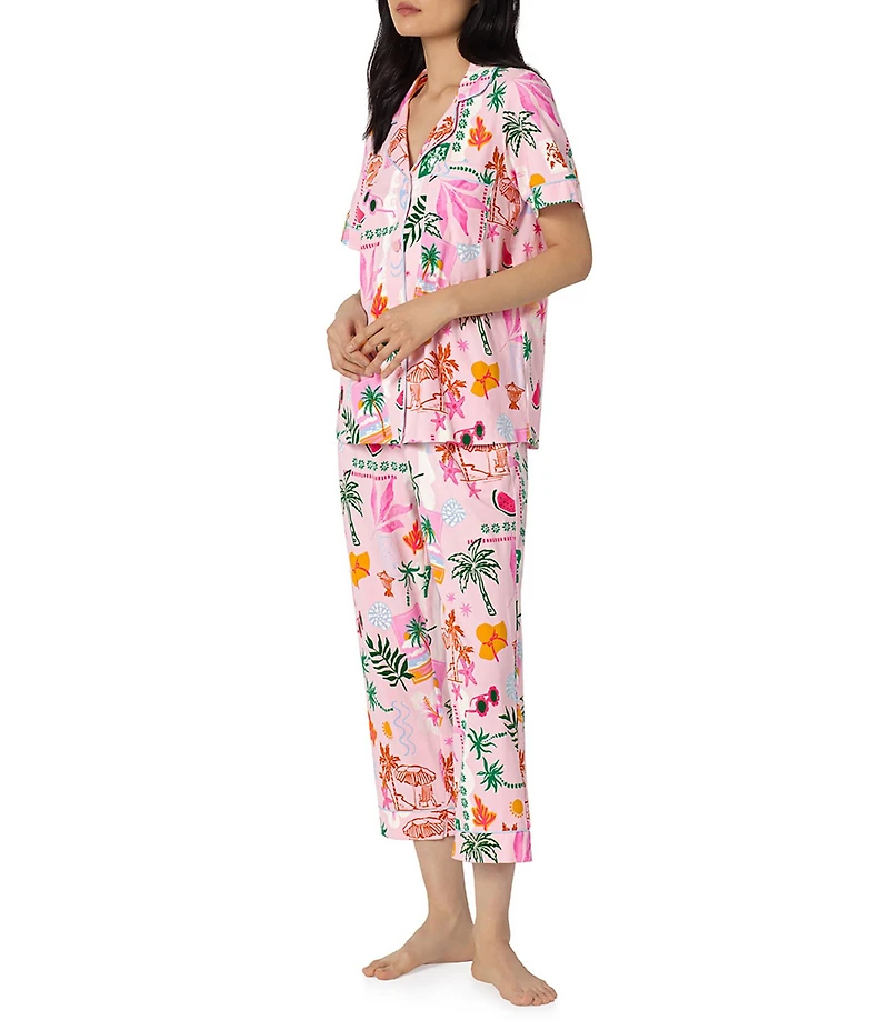 BedHead Tropical Daydream Print Short Sleeve Notch Collar Organic Cotton Jersey Knit Cropped Pajama Set