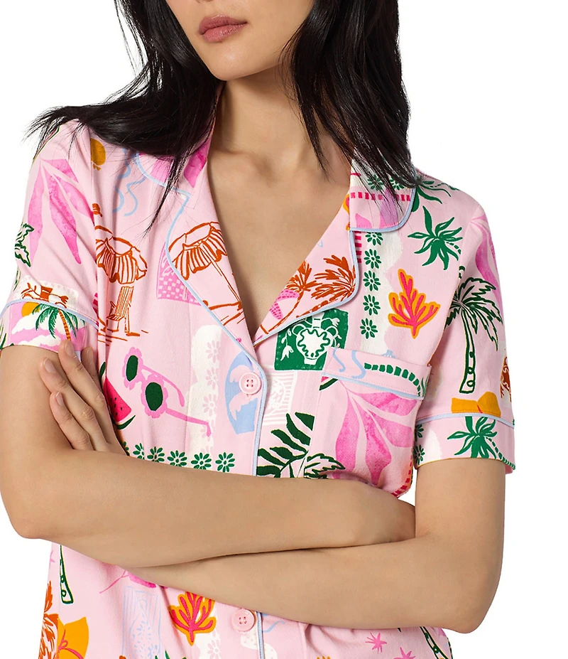 BedHead Tropical Daydream Print Short Sleeve Notch Collar Organic Cotton Jersey Knit Cropped Pajama Set