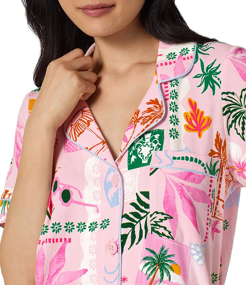 BedHead Tropical Daydream Print Short Sleeve Notch Collar Organic Cotton Stretch Jersey Knit Shorty Pajama Set