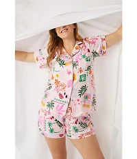 BedHead Tropical Daydream Print Short Sleeve Notch Collar Organic Cotton Stretch Jersey Knit Shorty Pajama Set