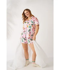 BedHead Tropical Daydream Print Short Sleeve Notch Collar Organic Cotton Stretch Jersey Knit Shorty Pajama Set