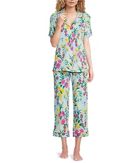 BedHead Tropical Paradise Print Short Sleeve Notch Collar Organic Cotton Blend Knit Cropped Pajama Set