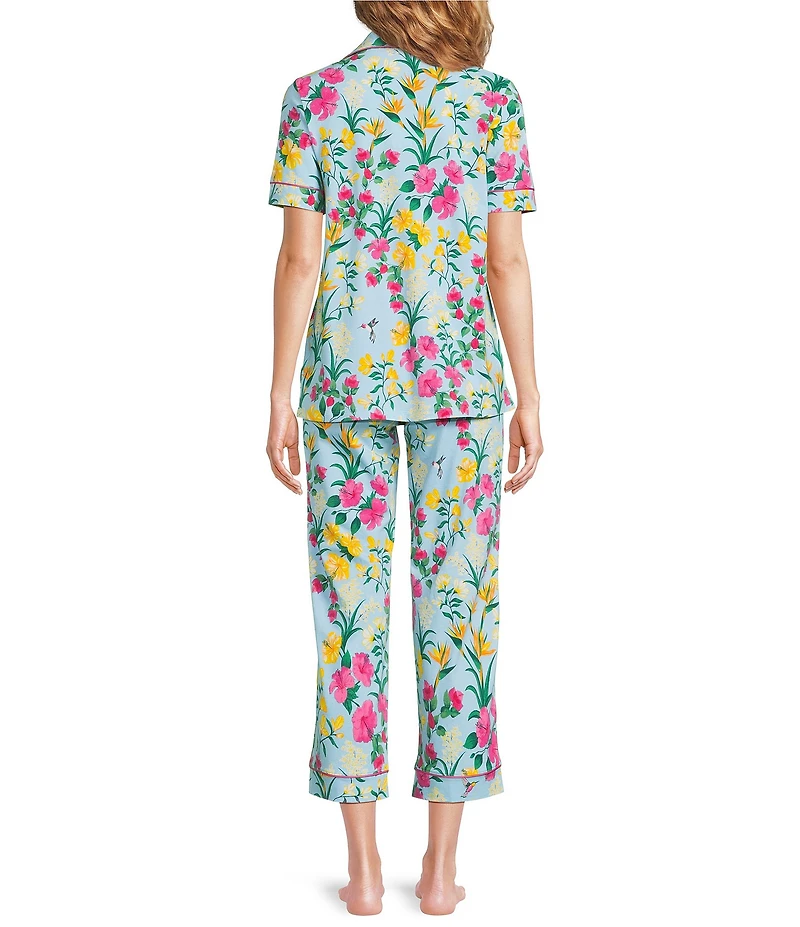 BedHead Tropical Paradise Print Short Sleeve Notch Collar Organic Cotton Blend Knit Cropped Pajama Set