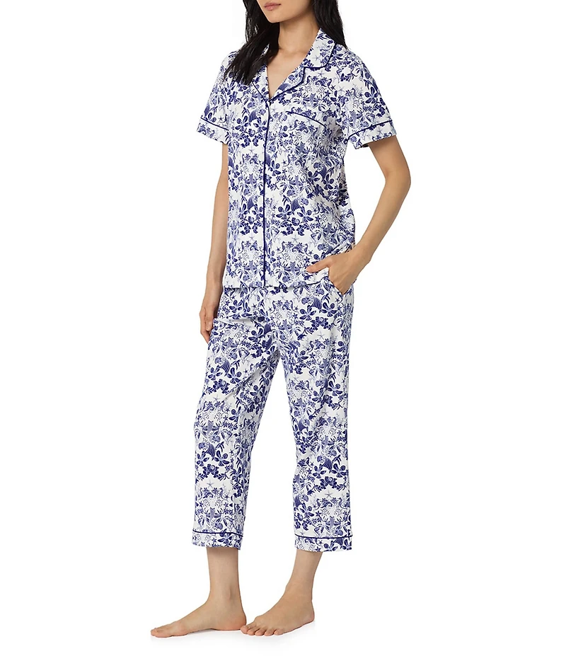 BedHead Under The Sea Print Short Sleeve Notch Collar Classic Stretch Jersey Knit Cropped Pajama Set