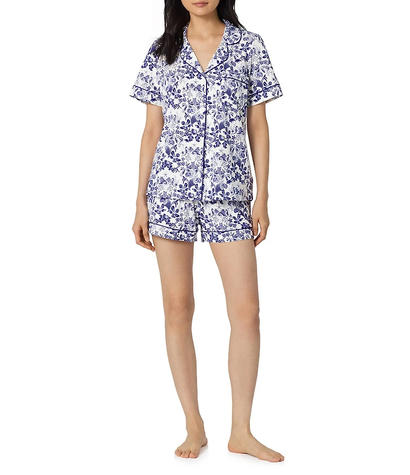 BedHead Under The Sea Print Short Sleeve Notch Collar Classic Stretch Jersey Knit Organic Cotton Shorty Pajama Set