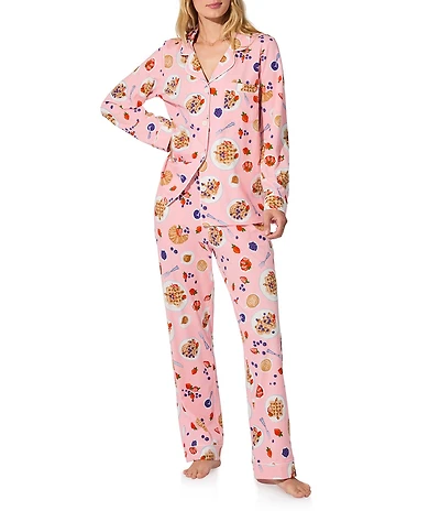 BedHead Waffle Brunch Print Long Sleeve Notch Collar Knit Pajama Set