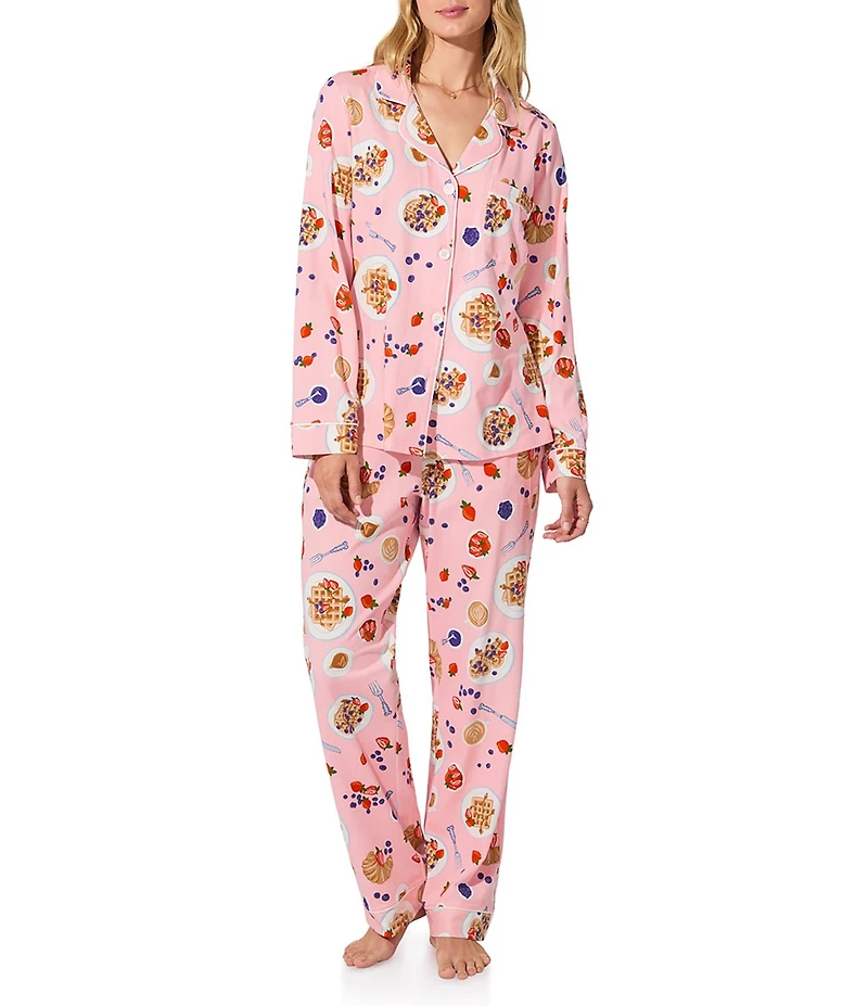 BedHead Waffle Brunch Print Long Sleeve Notch Collar Knit Pajama Set