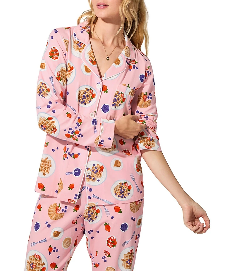 BedHead Waffle Brunch Print Long Sleeve Notch Collar Knit Pajama Set