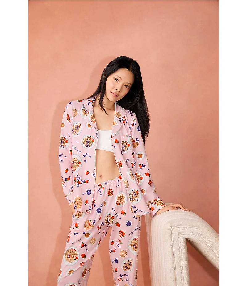 BedHead Waffle Brunch Print Long Sleeve Notch Collar Knit Pajama Set
