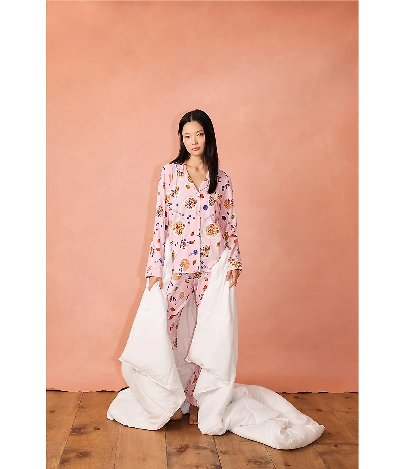 BedHead Waffle Brunch Print Long Sleeve Notch Collar Knit Pajama Set