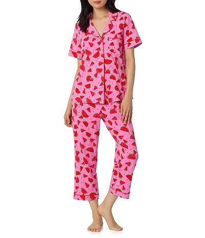 BedHead Watermelon Crush Print Short Sleeve Notch Collar Classic Stretch Jersey Knit Cropped Pajama Set