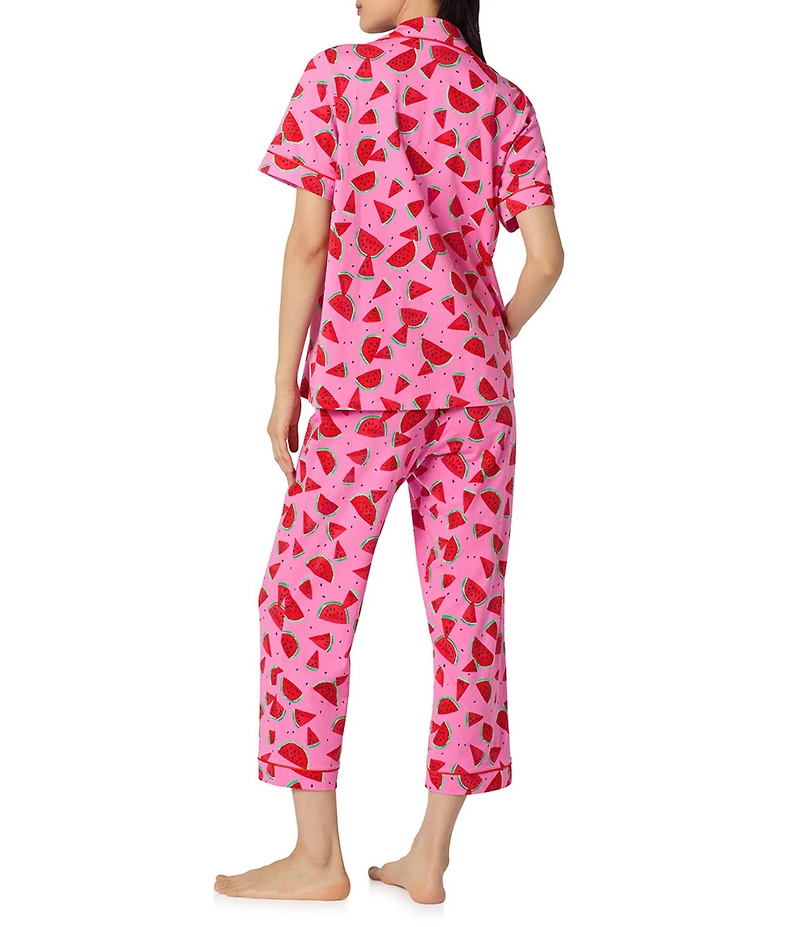 BedHead Watermelon Crush Print Short Sleeve Notch Collar Classic Stretch Jersey Knit Cropped Pajama Set