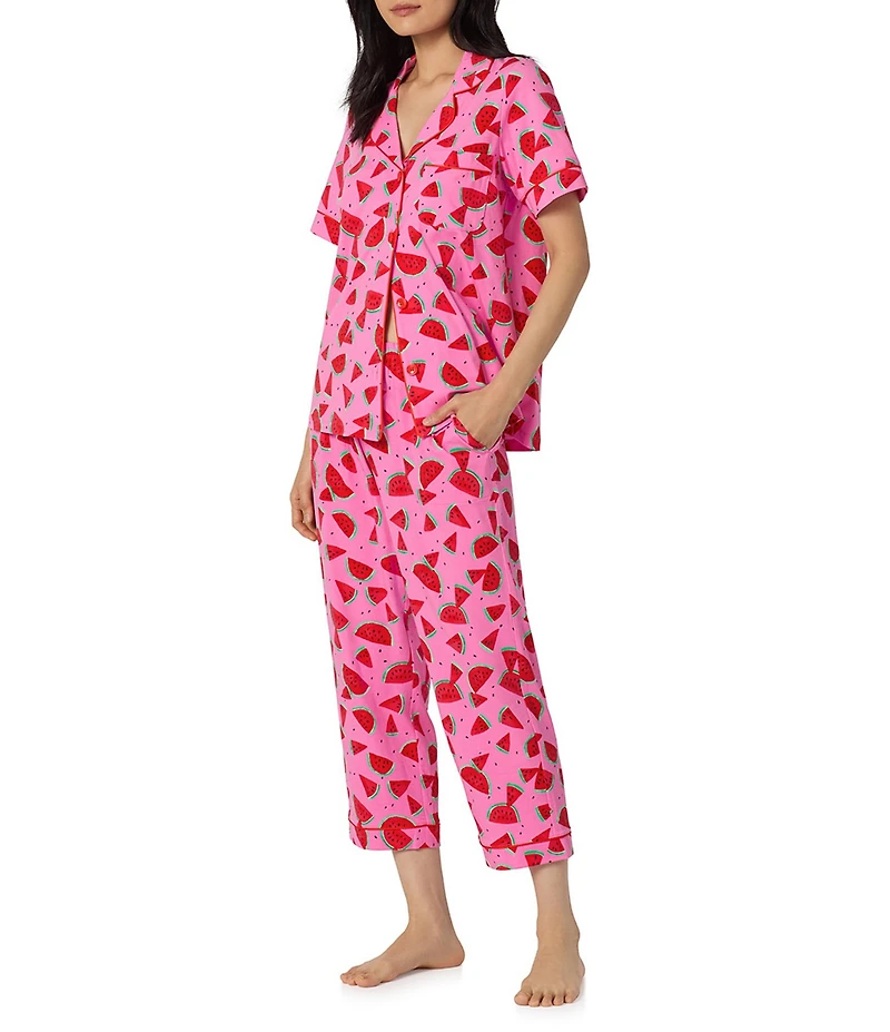 BedHead Watermelon Crush Print Short Sleeve Notch Collar Classic Stretch Jersey Knit Cropped Pajama Set