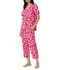 BedHead Watermelon Crush Print Short Sleeve Notch Collar Classic Stretch Jersey Knit Cropped Pajama Set