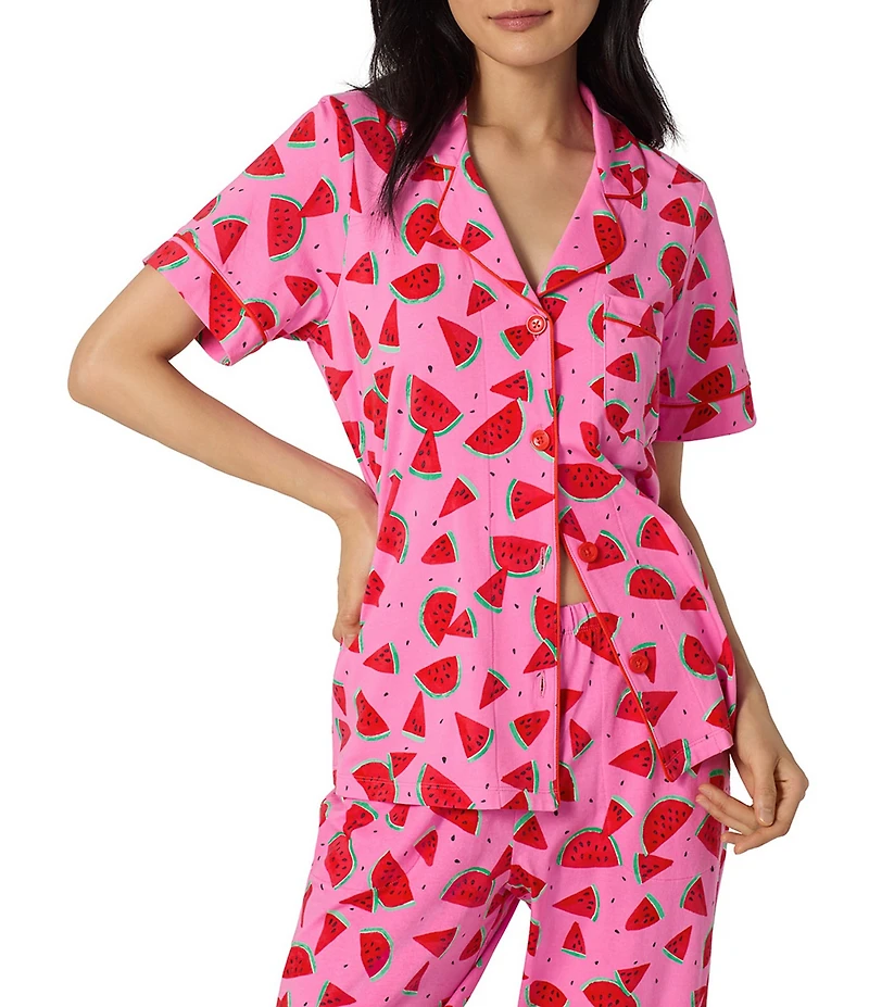 BedHead Watermelon Crush Print Short Sleeve Notch Collar Classic Stretch Jersey Knit Cropped Pajama Set
