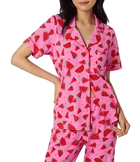 BedHead Watermelon Crush Print Short Sleeve Notch Collar Classic Stretch Jersey Knit Cropped Pajama Set