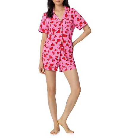 BedHead Watermelon Crush Print Short Sleeve Notch Collar Classic Stretch Jersey Knit Shorty Pajama Set