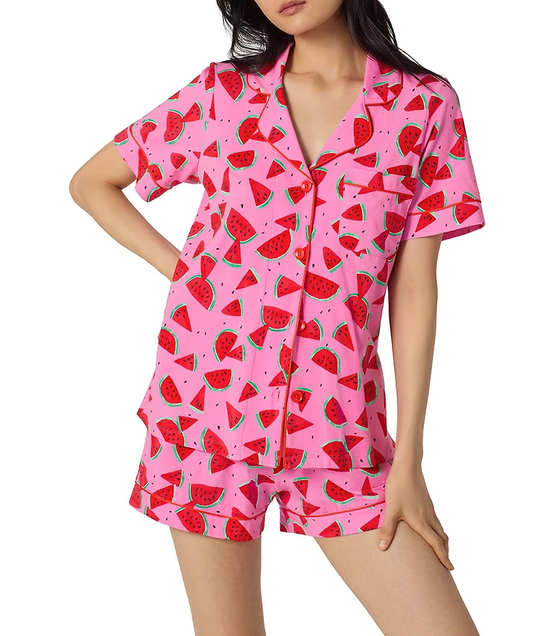 BedHead Watermelon Crush Print Short Sleeve Notch Collar Classic Stretch Jersey Knit Shorty Pajama Set