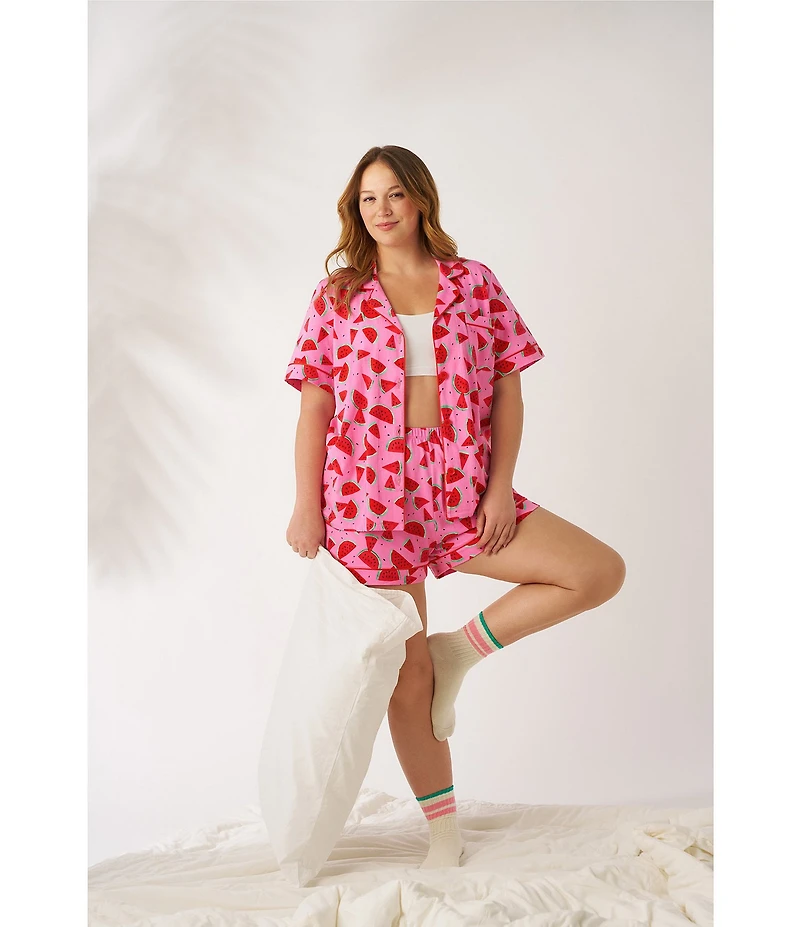 BedHead Watermelon Crush Print Short Sleeve Notch Collar Classic Stretch Jersey Knit Shorty Pajama Set