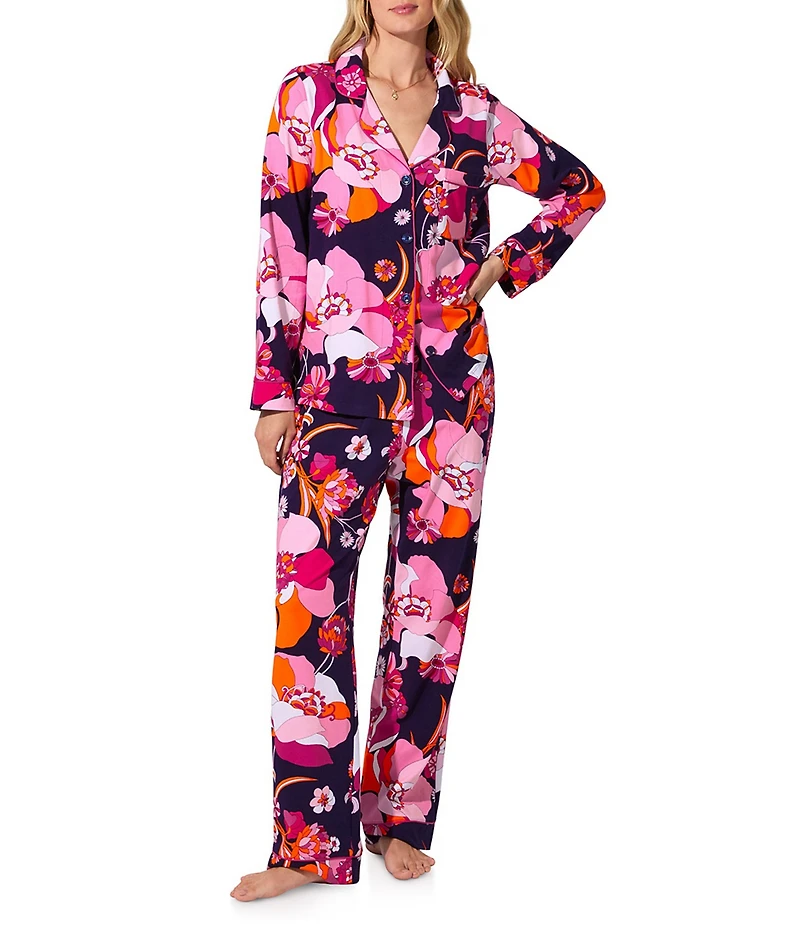 BedHead x Trina Turk Floral Print Long Sleeve Notch Collar Knit Long Pajama Set