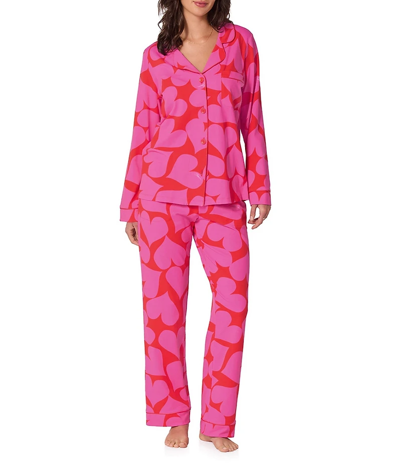 BedHead x Trina Turk Heart Print Organic Cotton Blend Long Sleeve Notch Collar Jersey Knit Long Pajama Set