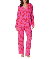 BedHead x Trina Turk Heart Print Organic Cotton Blend Long Sleeve Notch Collar Jersey Knit Long Pajama Set