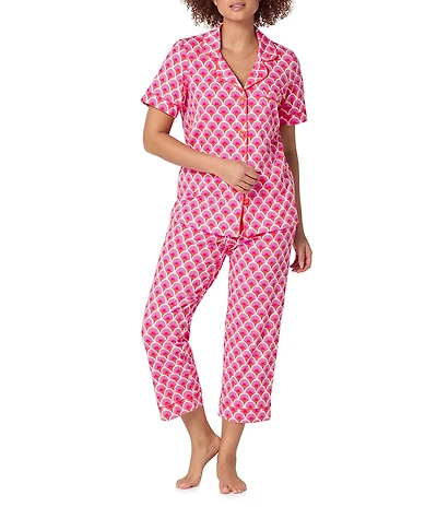 BedHead x Trina Turk Scalloped Print Short Sleeve Notch Collar Organic Cotton Jersey Knit Cropped Pajama Set
