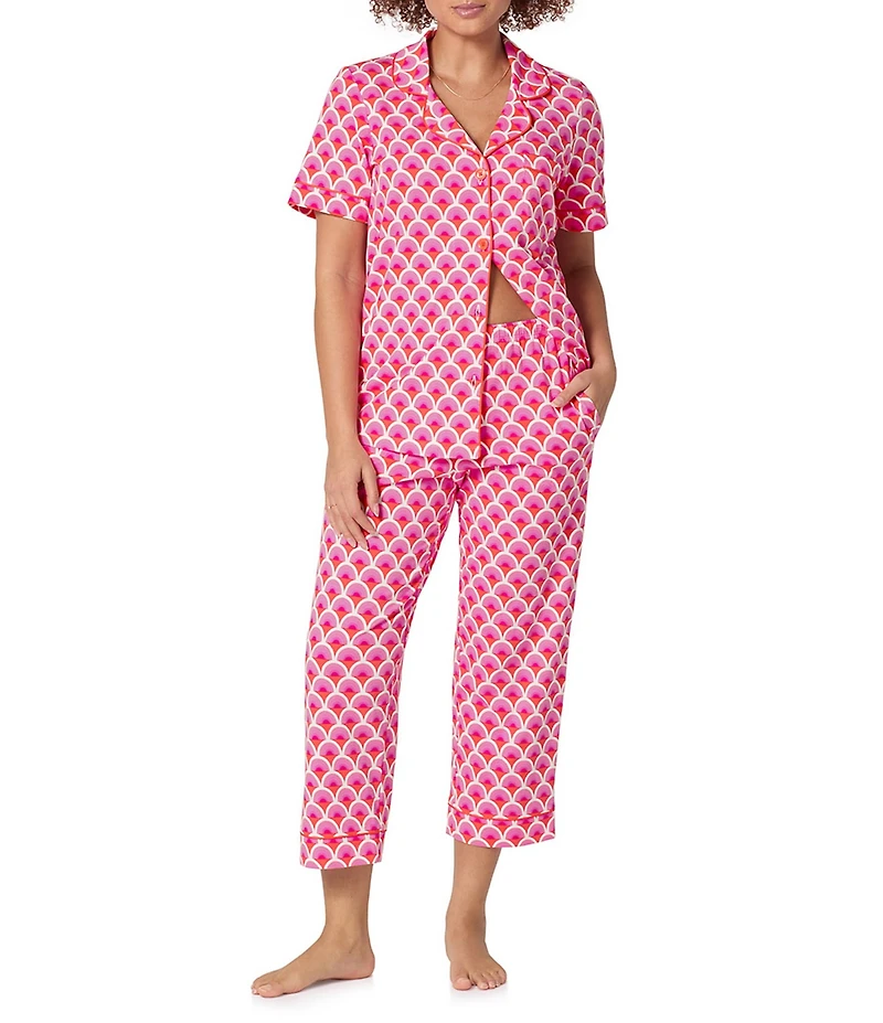 BedHead x Trina Turk Scalloped Print Short Sleeve Notch Collar Organic Cotton Jersey Knit Cropped Pajama Set